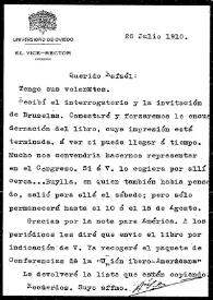 Portada:Carta de A. Sela a Rafael Altamira. Oviedo, 26 de julio de 1910
