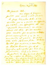 Portada:Carta de Rafael Alberti a Camilo José Cela. Roma, 10 de agosto de 1966
