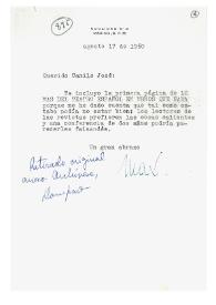 Portada:Carta de Max Aub a Camilo José Cela. México, 17 de agosto de 1960