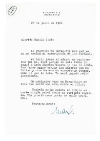 Portada:Carta de Max Aub a Camilo José Cela. Melton Mowbray, 22 de junio de 1961