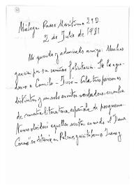 Portada:Carta de Jorge Guillén a Camilo José Cela. Málaga, 2 de julio de 1981
