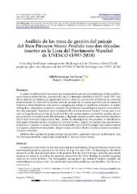 Portada:Análisis de los retos de gestión del paisaje del Bien Pirineos-Monte Perdido tras dos décadas inscrito en la Lista del Patrimonio Mundial de UNESCO (1997-2018) / Mikel Gurrutxaga San Vicente y María C. Porcal-Gonzalo