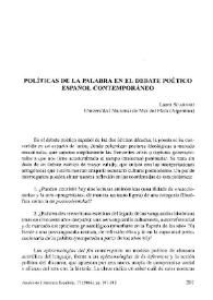 Portada:Políticas de la palabra en el debate poético español contemporáneo / Laura Scarano