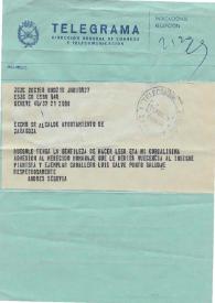 Portada:Telegrama de Segovia, Andrés a Merino, Pinedo Miguel (Alcalde de la Inmortal Ciudad de Zaragoza). 1978-11-21