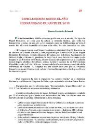 Portada:Conclusiones sobre el año Hernandiano durante 2010 / Ramón Fernández Palmeral