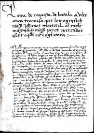Portada:Correspondència entre Joanot Martorell i Perot Mercader conservada al Ms. 7811. Lletres de Batalla, de la Biblioteca Nacional de Madrid