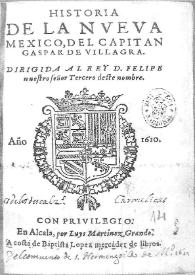 Portada:Historia de la Nueua Mexico, del capitan Gaspar de Villagra