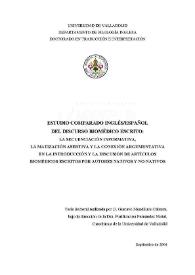 Portada:Estudio comparado inglés/español del discurso biomédico escrito: la secuenciación informativa, la matización asertiva y la conexión argumentativa en la introducción y la discusión de artículos biomédicos escritos por autores nativos y no-nativos / Gustavo Mendiluce Cabrera