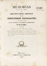 Portada:Memorias para ayudar a formar un diccionario critico de los escritores catalanes y dar alguna idea de la antigua y moderna literatura de Cataluña / escribiólas Félix Torres Amat ...