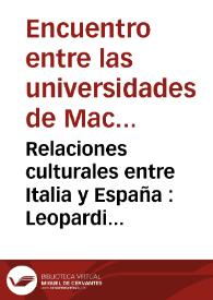 Portada:Relaciones culturales entre Italia y España : Leopardi y España / Editores Ángel L. Prieto de Paula y Juan Antonio Ríos