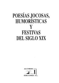 Portada:Poesías jocosas, humorísticas y festivas del siglo XIX / introducción, selección y notas de Antonio José López Cruces