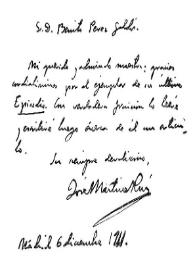 Portada:[Carta de José Martínez Ruiz a Benito Pérez Galdós, Madrid, 6 de diciembre de 1911]