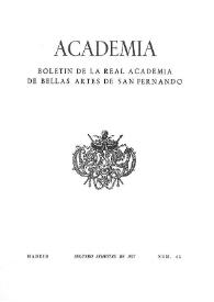 Portada:Academia : Boletín de la Real Academia de Bellas Artes de San Fernando. Segundo semestre de 1977. Número 45. Preliminares e índice