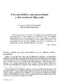 Portada:Una premática, una genealogía y dos textos de Quevedo / José Ignacio Díez Fernández