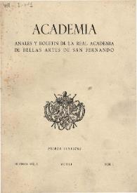 Portada:Academia : Boletín de la Real Academia de Bellas Artes de San Fernando. Número 1 (primer semestre 1951). Preliminares e índice