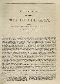 Portada:Vida y juicio crítico del maestro Fray Luis de León / por Don Gregorio Mayans y Siscar, y anotados por el colector