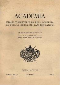 Portada:Academia : Boletín de la Real Academia de Bellas Artes de San Fernando. Primer semestre 1953. Vol. II. Número 1. Preliminares e índices