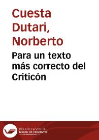 Portada:Para un texto más correcto del Criticón / Norberto Cuesta Dutari