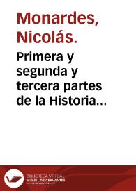 Portada:Primera y segunda y tercera partes de la Historia medicinal, de las cosas que se traen de nuestras Indias Occidentales, que siruen en Medicina ;  Tratado de la Piedra Bezaar y de la yerua escuerçonera ; Dialogo de las grandezas del hierro y de sus virtudes medicinales ; Tratado de la nieue y del beuer frio / hechos por el doctor Monardes ...
