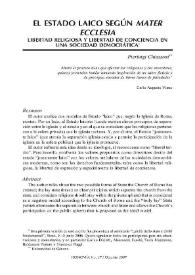 Portada:El estado laico según mater ecclesia : libertad religiosa y libertad de conciencia en una sociedad democrática / Pierluigi Chiassoni