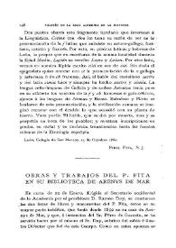 Portada:Obras y trabajos del P. Fita en su biblioteca de Arenys de Mar / J.P.de G. y G.; Ramón Doy