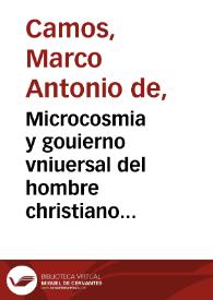 Portada:Microcosmia y gouierno vniuersal del hombre christiano ... : va por dialogos diuidido en tres partes ... / compuesto por ... F. Marco Antonio de Camos, Prior del Monasterio de S. Agustin de Barcelona ...