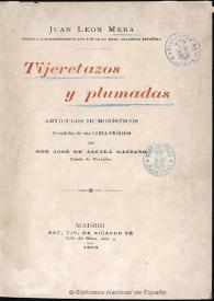 Portada:Tijeretazos y plumadas : artículos humorísticos / Juan León Mera; precedidos de una carta-prólogo de don José de Alcalá Galiano