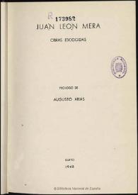 Portada:Obras escogidas / Juan León Mera; prólogo de Augusto Arias