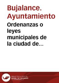 Portada:Ordenanzas o leyes municipales de la ciudad de Buxalance, establecidas en este año de 1750