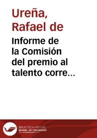Portada:Informe de la Comisión del premio al talento correspondiente al año 1922 / R. de Ureña, Julián Ribera, Vicente Lampérez