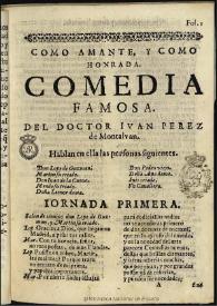 Portada:Como amante y como honrada / del doctor Iuan Perez de Montaluan