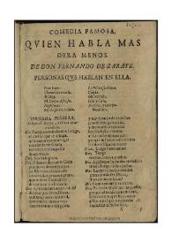 Portada:Quien habla mas obra menos [1678] / de Don Fernando de Zarate