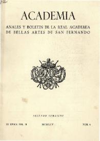 Portada:Academia : Boletín de la Real Academia de Bellas Artes de San Fernando. Segundo semestre 1954. Número 4. Preliminares e índice