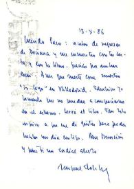 Portada:Carta de Miguel Delibes a Francisco Rabal. 13 de octubre de 1986