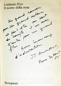 Portada:Dedicatoria de Jean-Jacques Annaud en un ejemplar de \"Il nome della rosa\", de Umberto Eco / Jean-Jacques Annaud