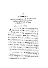 Portada:Cánovas. Discurso pronunciado en la Real Academia de Jurisprudencia y Legislación el día 3 de mayo de 1930. [1] / Adolfo Pons y Umbert