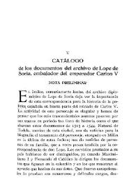 Portada:Catálogo de los documentos del archivo de Lope de Soria, embajador del emperador Carlos V / Eduardo Ibarra y Rodríguez y G. Arsenio de Izaga