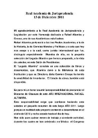Portada:Real Academia de Jurisprudencia, 13 de Diciembre 2011 [Discurso de Clausura] / Pilar Altamira