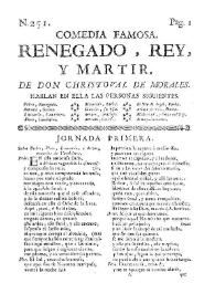 Portada:Renegado, rey y martir / de don Christoval de Morales