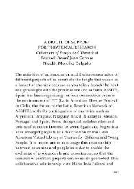 Portada:A model of support for theatrical research : (Collection of Essays and Theatrical Research Award Juan Cervera) / Nicolás Morcillo Delgado