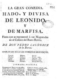 Portada:Hado, y divisa de Leonido, y de Marfisa / de don Pedro Calderon de la Barca