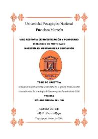 Portada:Impacto de la participación comunitaria en la gestión de las escuelas interculturales del municipio de Yamaranguila durante el año 2008 / Ipólito Zúniga del Cid