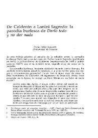 Portada:De Calderón a Lanini Sagredo: la parodia burlesca de \"Darlo todo y no dar nada\" / Carlos Mata Induráin