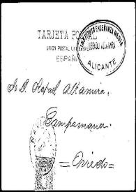 Portada:Tarjeta postal de [F. Calzada] a Rafael Altamira. Navia (Asturias), 9 de mayo de 1902