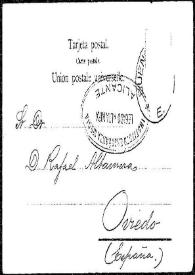 Portada:Tarjeta postal de [Ricardo] Monner Sans a Rafael Altamira. Buenos Aires, 7 de diciembre de 1903