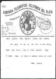 Portada:Telegrama de Pablo De María a Rafael Altamira. Montevideo, 25 de septiembre de 1909