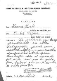 Portada:Tarjeta de visita de Tomás Yuste solicitando ser recibido por Carlos Esplá. México, 14 de abril de 1942