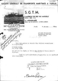 Portada:Carta otorgada a Carlos Esplá por la \"Societe Navifrance\" (Compañía Sud-americana de Comercio Marítimo). París, 24 de mayo de 1940