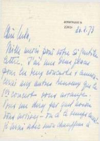 Portada:Tarjeta de visita dirigida a Aniela Rubinstein. Zürich (Suiza), 26-02-1973