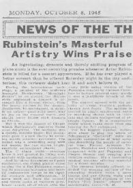 Portada:Rubinstein's Masterful Artistry Wins Praise
